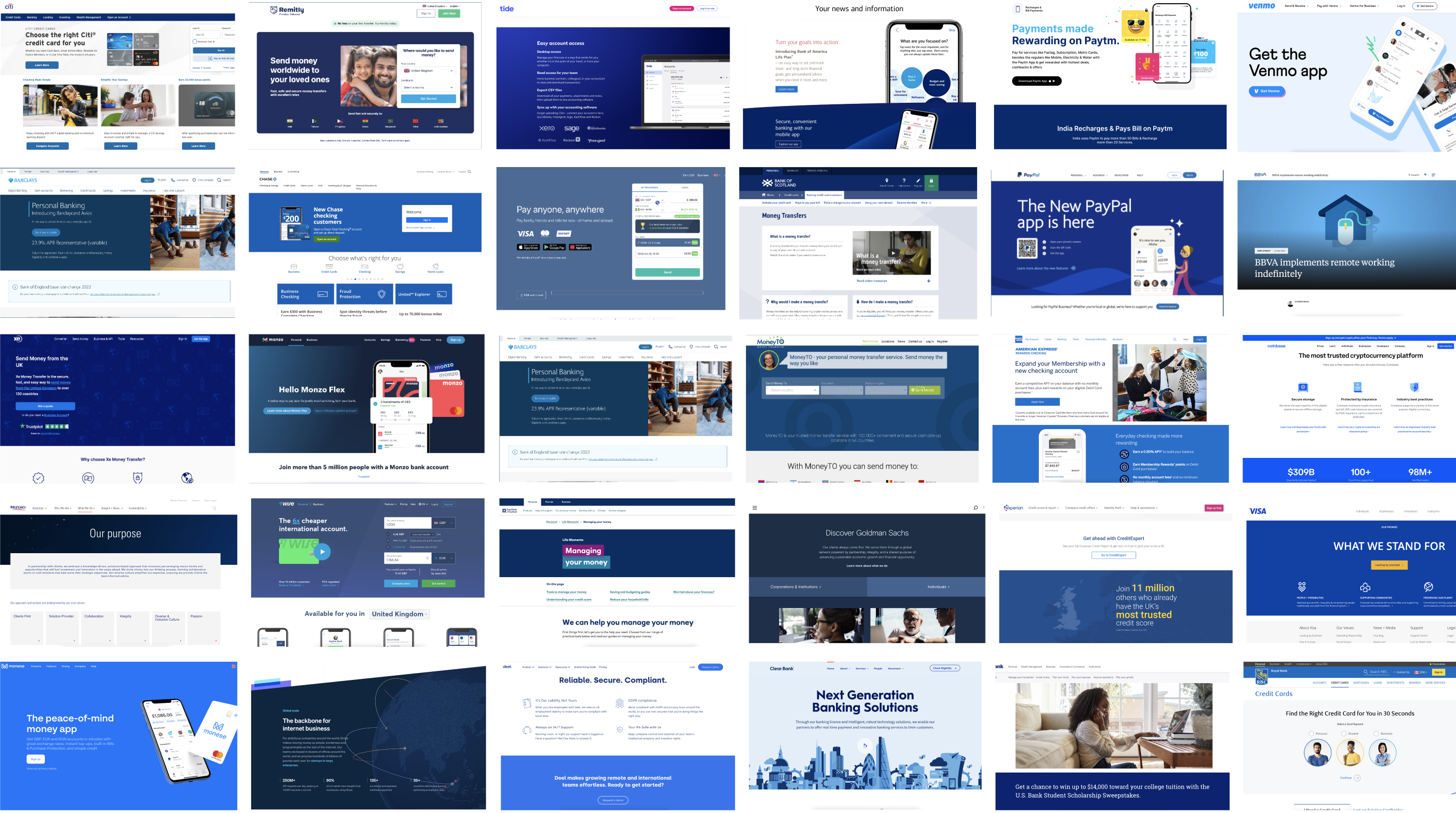 Collection of different banking home pages, all blue